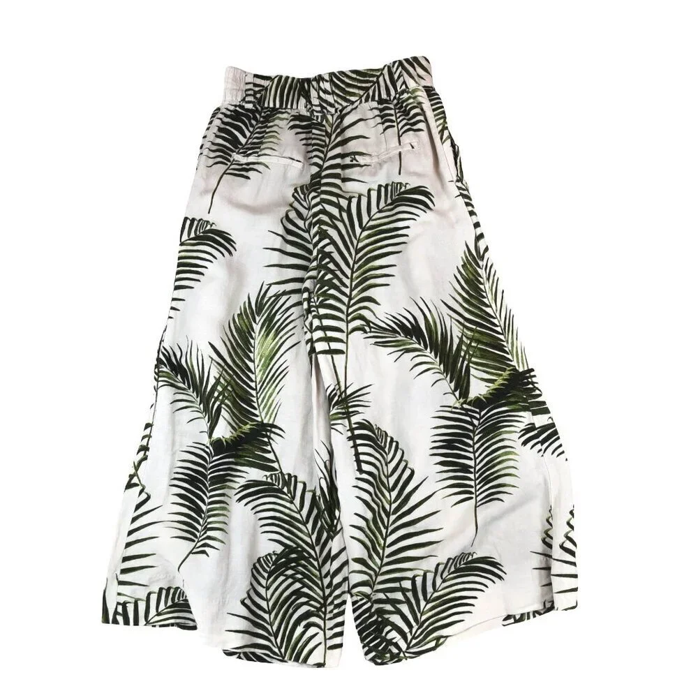 Palm Print Extra Wide Leg Linen Trousers Tropical Resort Boho Cropped Pants Sz 6